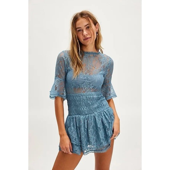 NWOT Free People Reversible Lace Mini Dress Blue Bell Sleeve Medium - Picture 3 of 8
